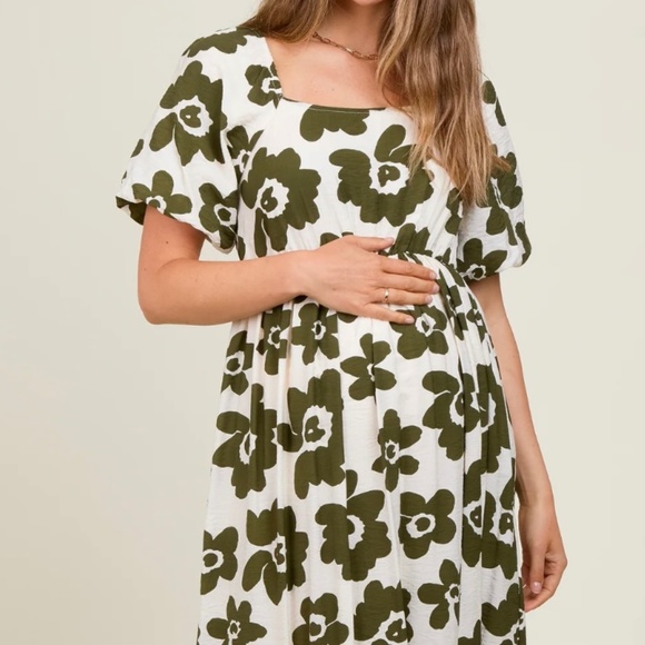 Pinkblush Olive Floral Puff Sleeve Maternity Maxi Dress - Picture 1 of 10